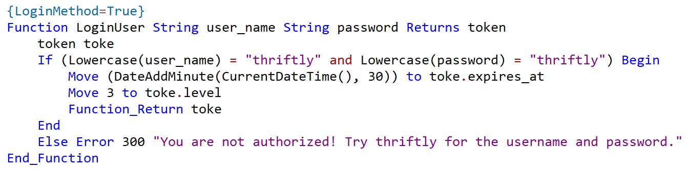 A Login function within a DataFlex service