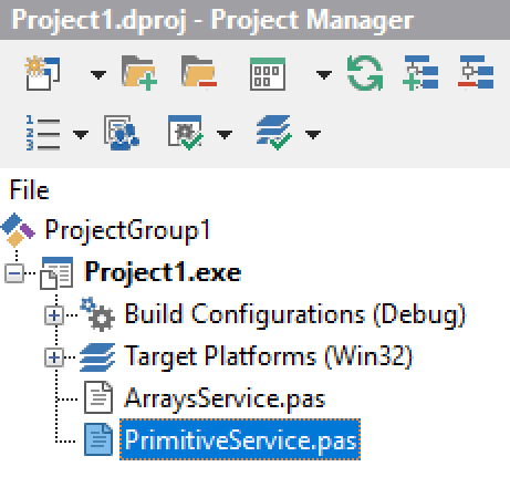 Opening a service from the Delphi RAD Studio Project Manager
