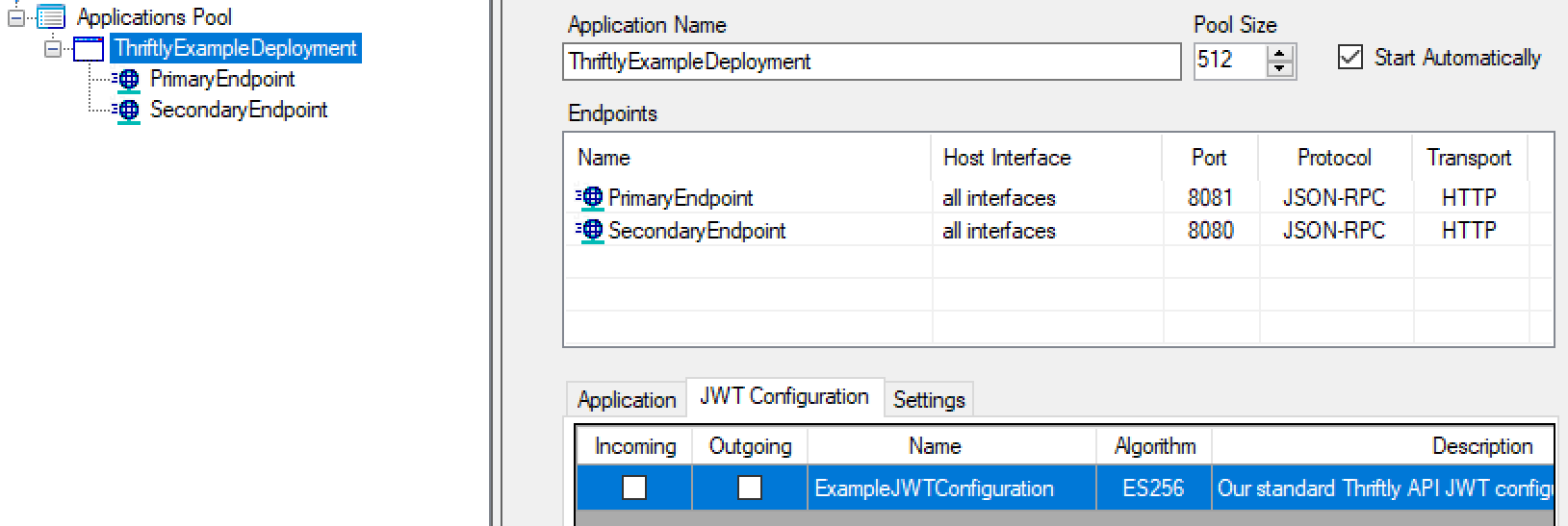 The JWT Configuration tab within an application's settings