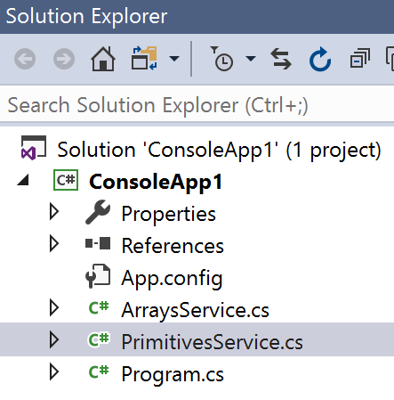 Opening a service from the Visual Studio Solution Explorer sidebar