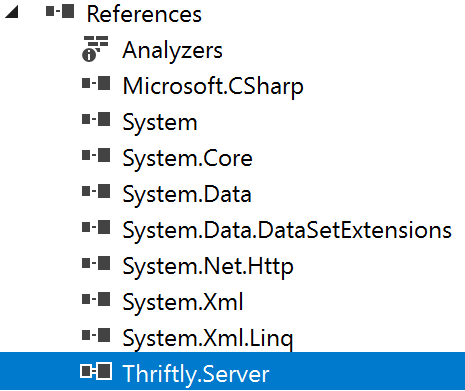 The Thriftly.Server reference in the Solution Explorer sidebar